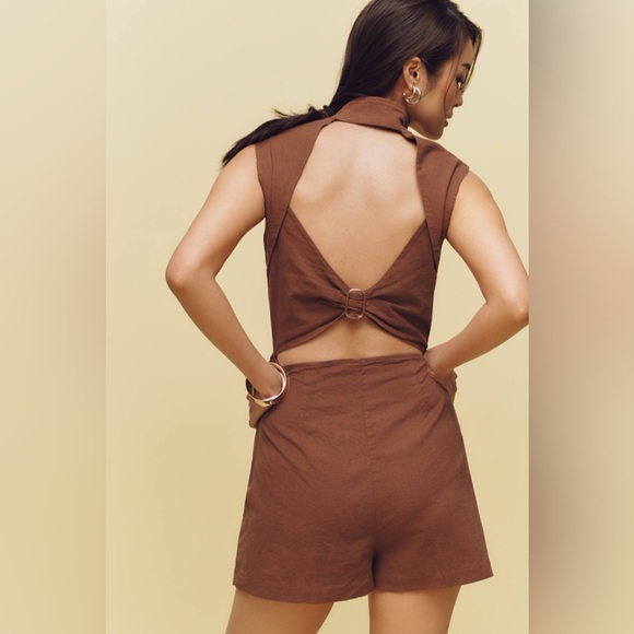 Anthropologie Linen Blend Sleeveless Vest Romper Womens S Brown Open Back - Picture 2 of 11